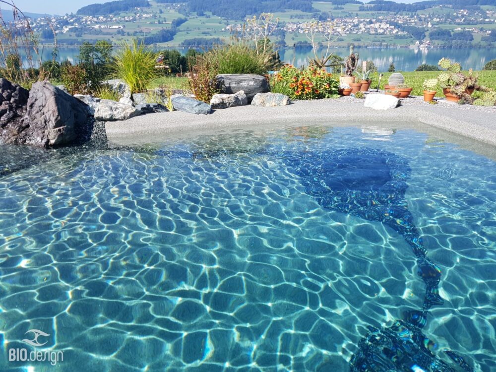 BIO.design Pool Mit blau schimmerndem Wasser im Pool und Landschaft hinten