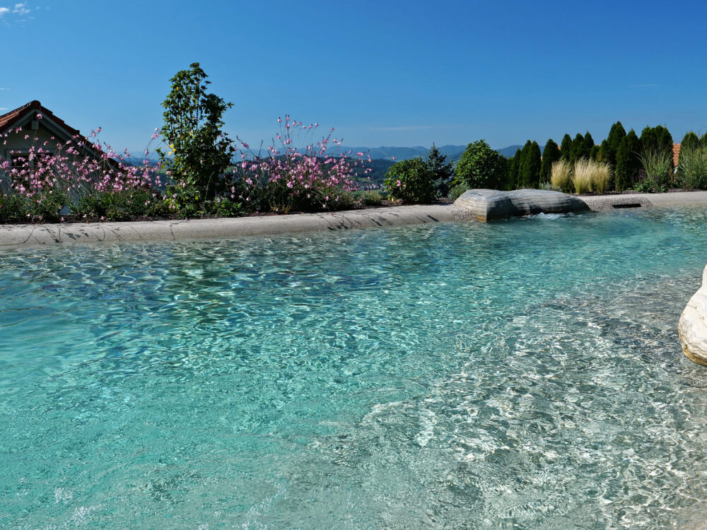 BIO.design Pool mit Felsen und weiter Landschaft im Hintergrund