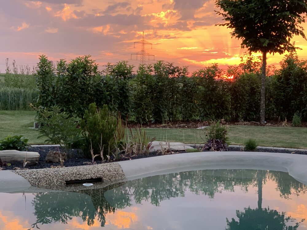 BIO.design Pool bei Abenddämmerung